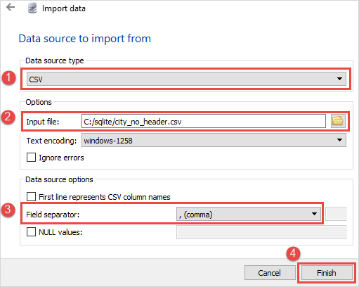 SQLite Import csv to table Step 3